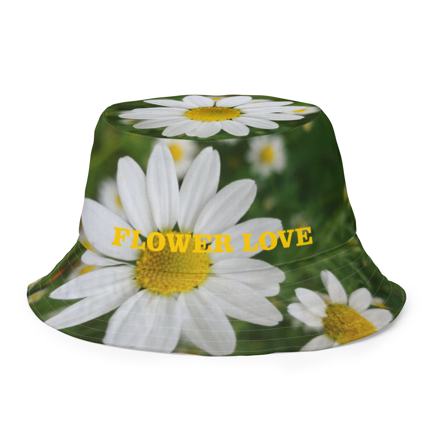 The FLOWER LOVE Collection - "Daisy Daydreams" Design Premium Reversible Bucket Hat - Yellow Inside - Beach Hat, Gifts for Her