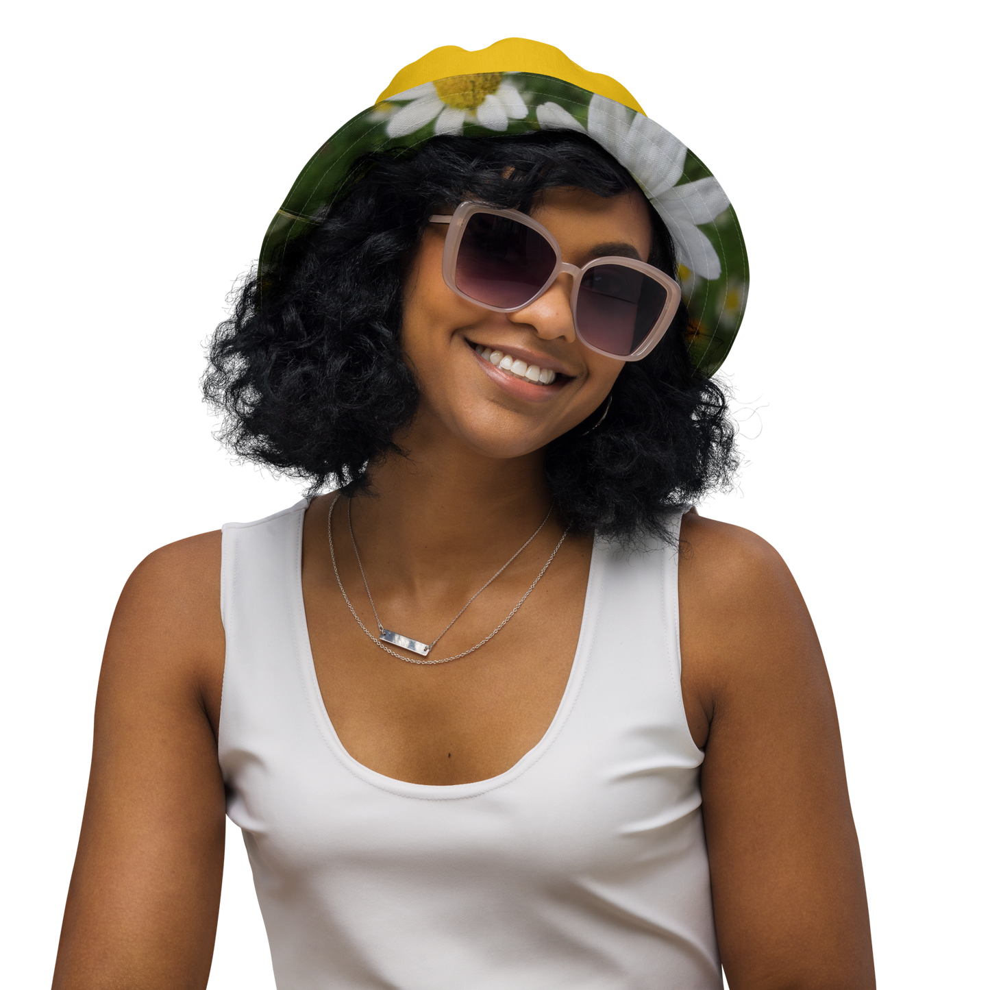 The FLOWER LOVE Collection - "Daisy Daydreams" Design Premium Reversible Bucket Hat - Yellow Inside - Beach Hat, Gifts for Her
