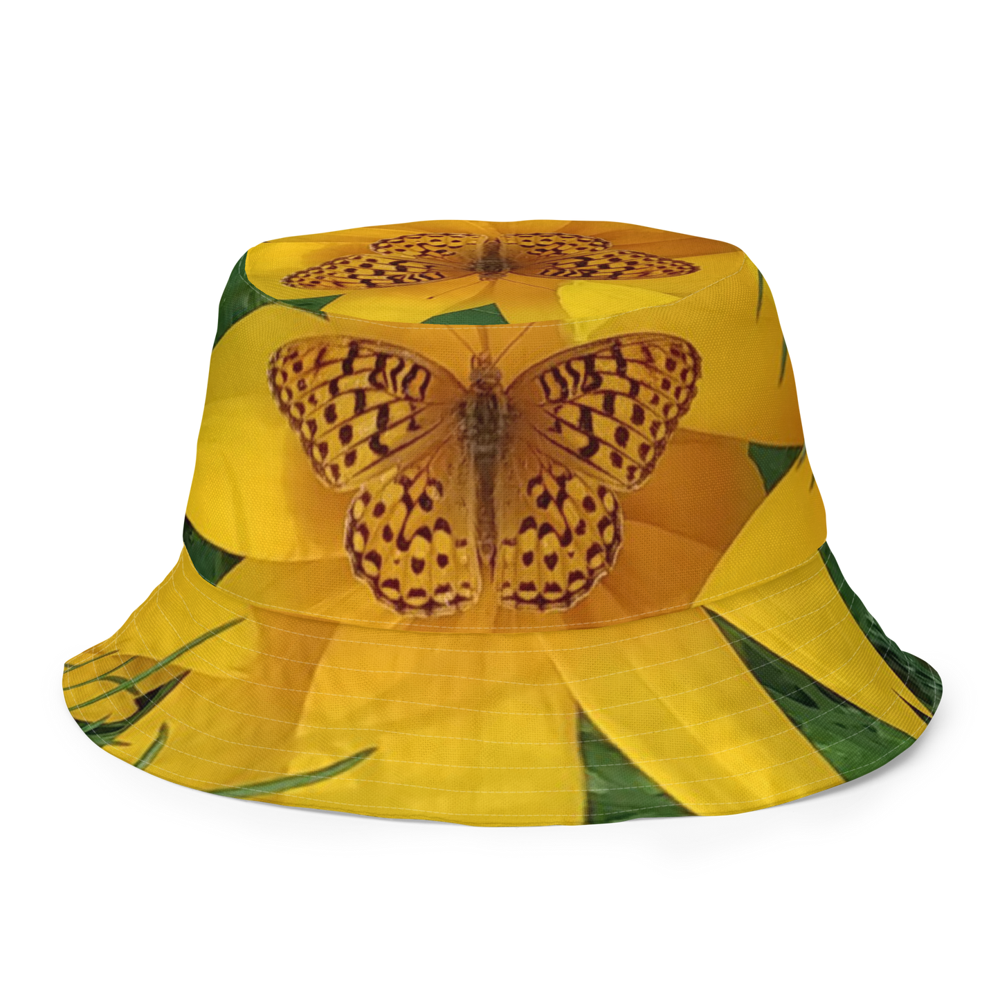 The FLOWER LOVE Collection - "Butterfly Beauty" Design Premium Reversible Bucket Hat - Dark Green Inside - Beach Hat, Gifts for Her