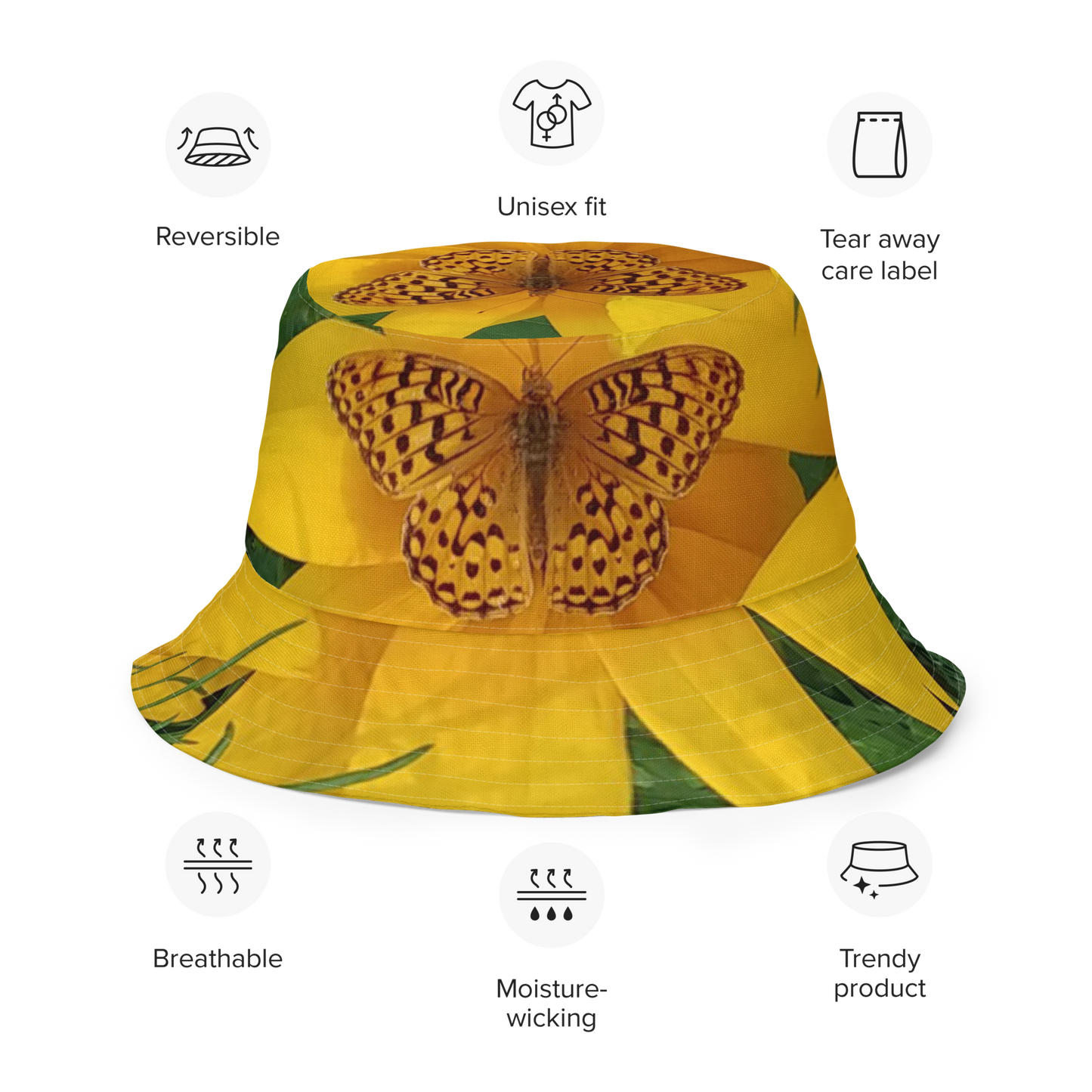 The FLOWER LOVE Collection - "Butterfly Beauty" Design Premium Reversible Bucket Hat - Dark Green Inside - Beach Hat, Gifts for Her