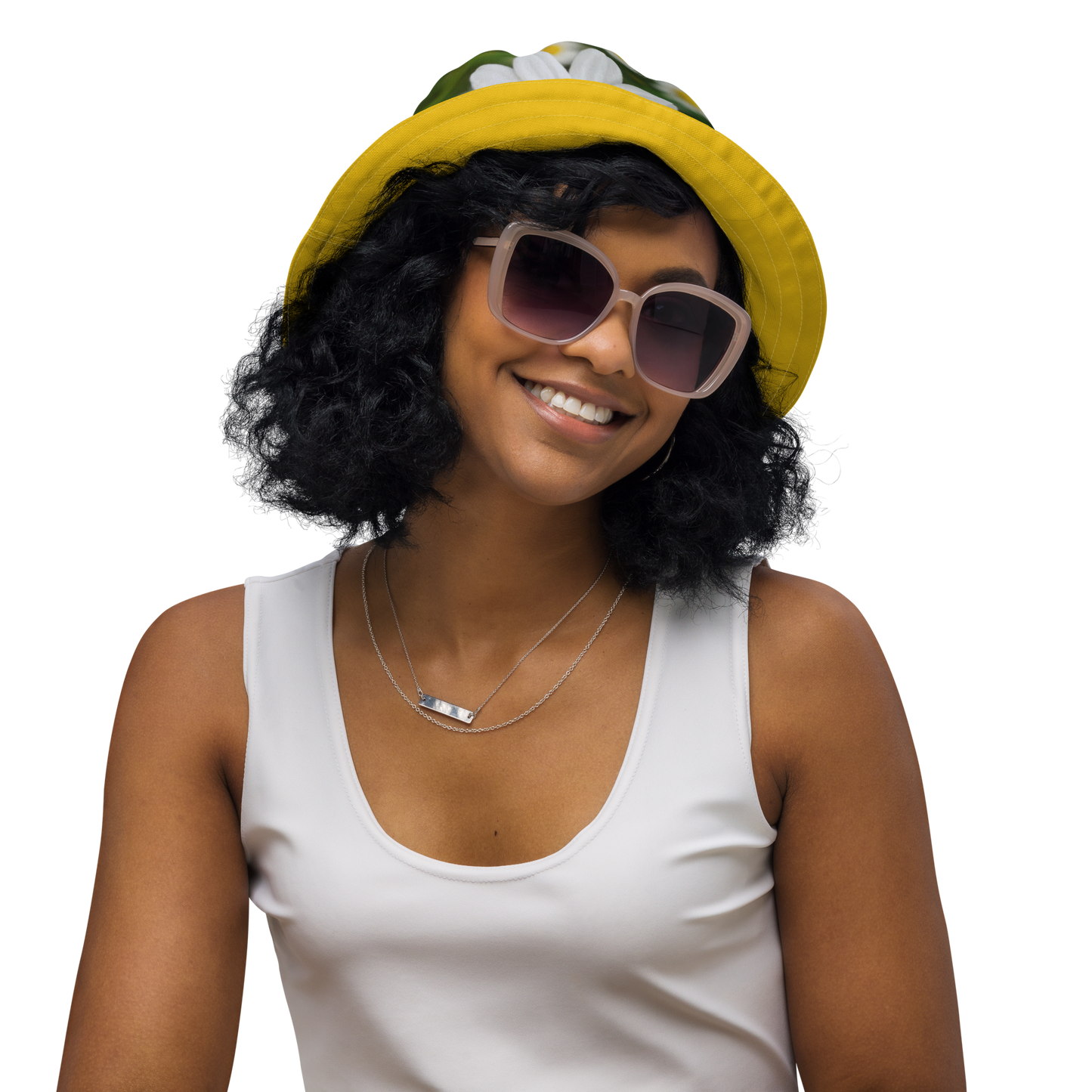 The FLOWER LOVE Collection - "Daisy Daydreams" Design Premium Reversible Bucket Hat - Yellow Inside - Beach Hat, Gifts for Her