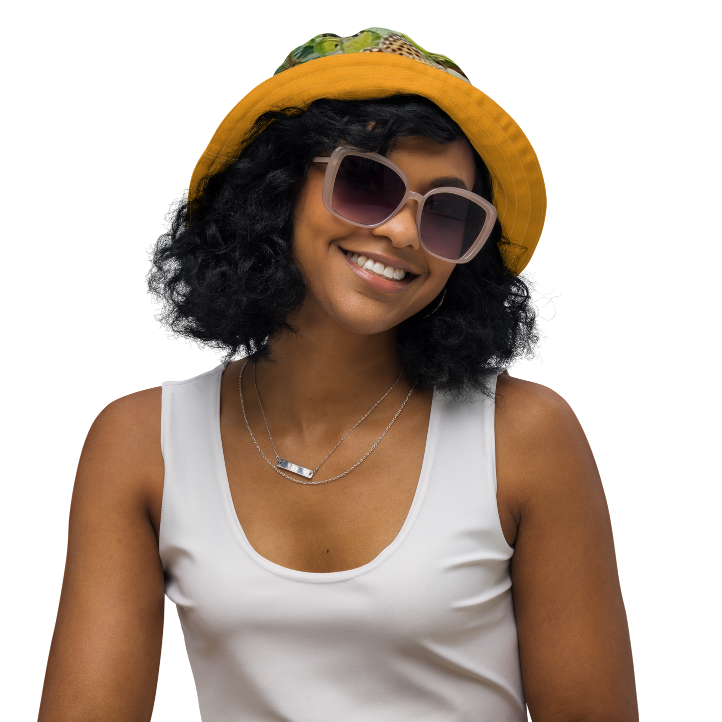 The FLOWER LOVE Collection - "Butterfly on a Bloom" Design Premium Reversible Bucket Hat - Orange Inside - Beach Hat, Gifts for Her