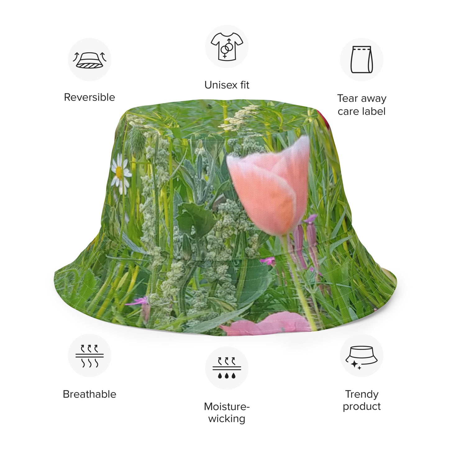 The FLOWER LOVE Collection - "Wildflower Wonder" Design Premium Reversible Bucket Hat - Green Inside - Wildflower Hat, Gifts for Her
