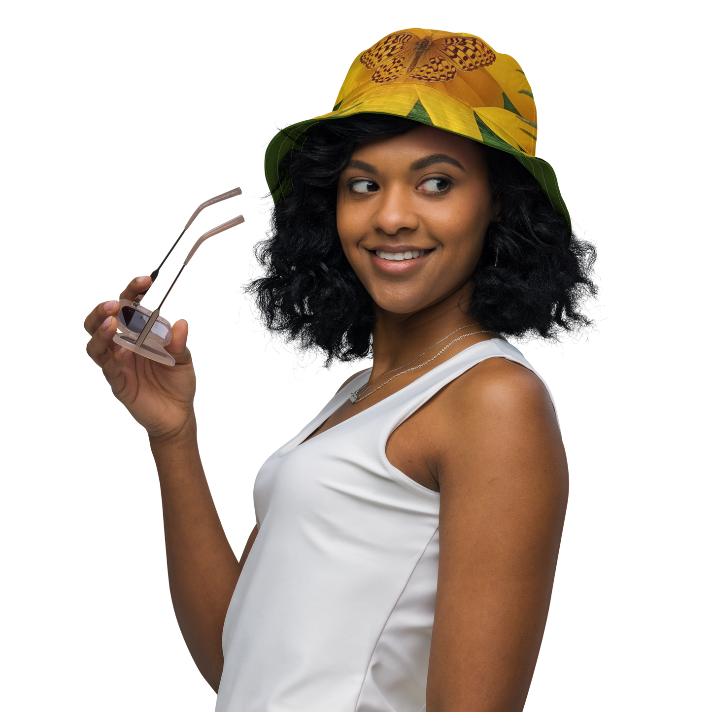 The FLOWER LOVE Collection - "Butterfly Beauty" Design Premium Reversible Bucket Hat - Dark Green Inside - Beach Hat, Gifts for Her