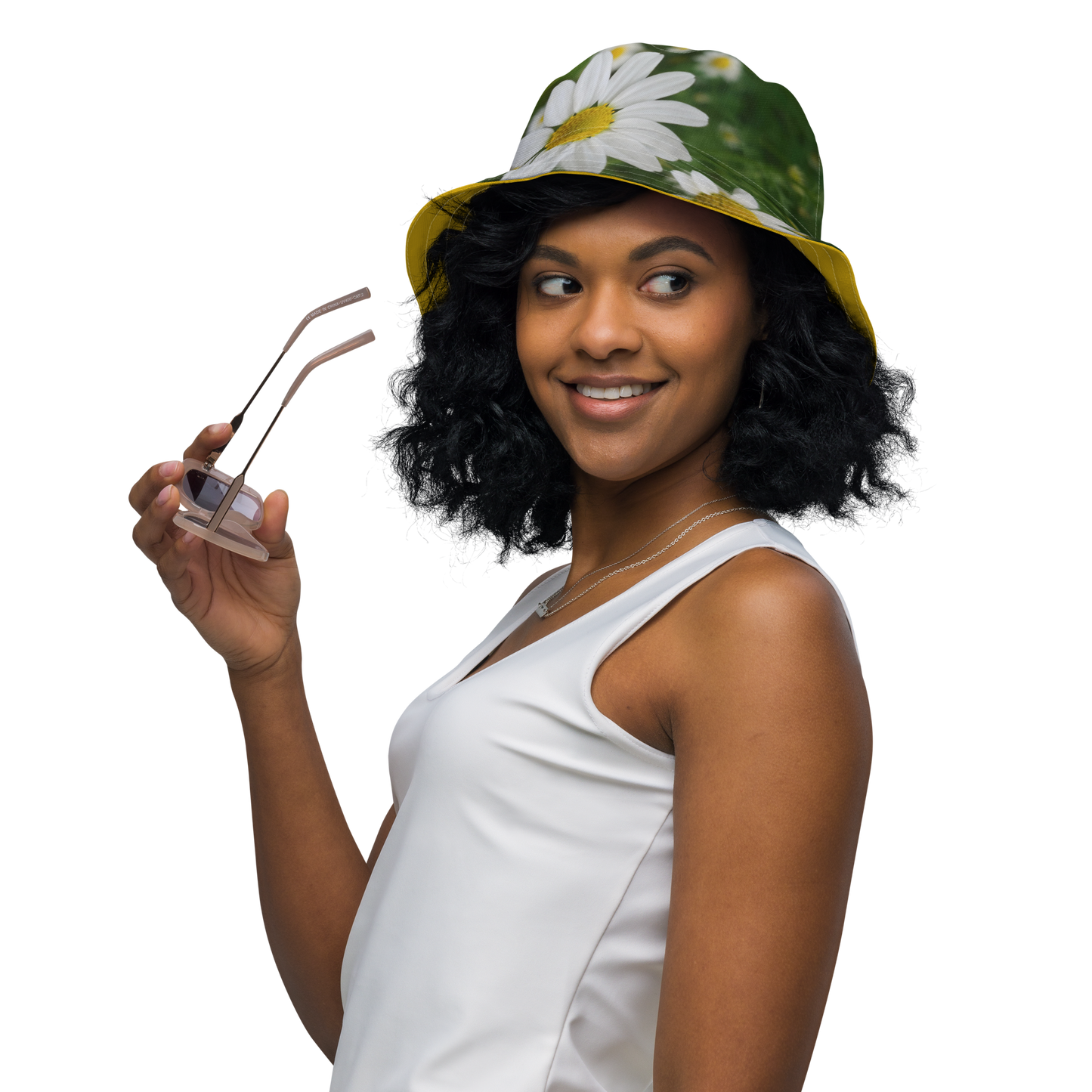 The FLOWER LOVE Collection - "Daisy Daydreams" Design Premium Reversible Bucket Hat - Yellow Inside - Beach Hat, Gifts for Her