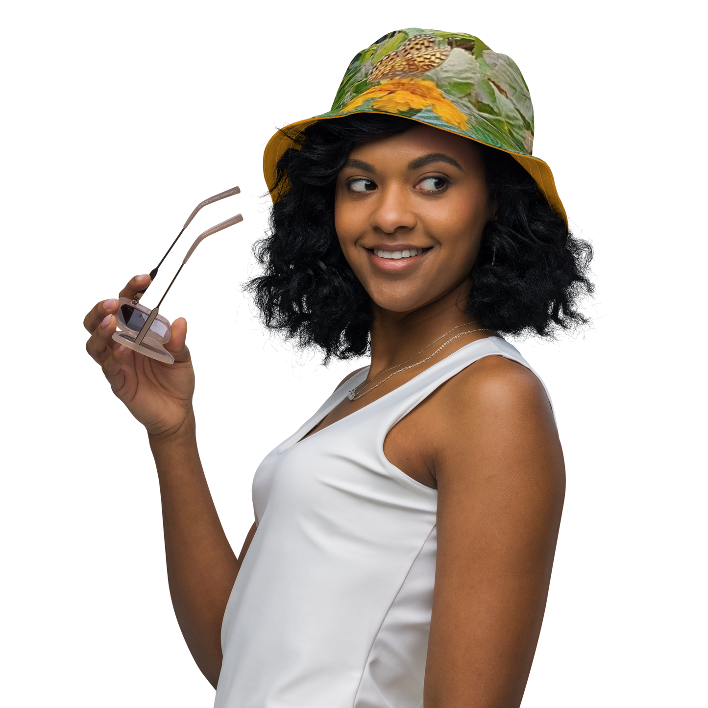The FLOWER LOVE Collection - "Butterfly on a Bloom" Design Premium Reversible Bucket Hat - Orange Inside - Beach Hat, Gifts for Her