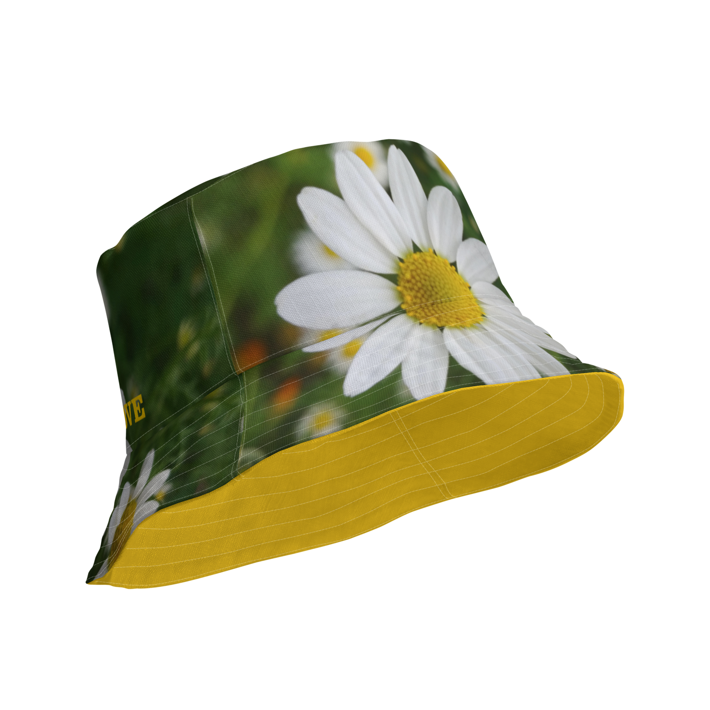 The FLOWER LOVE Collection - "Daisy Daydreams" Design Premium Reversible Bucket Hat - Yellow Inside - Beach Hat, Gifts for Her