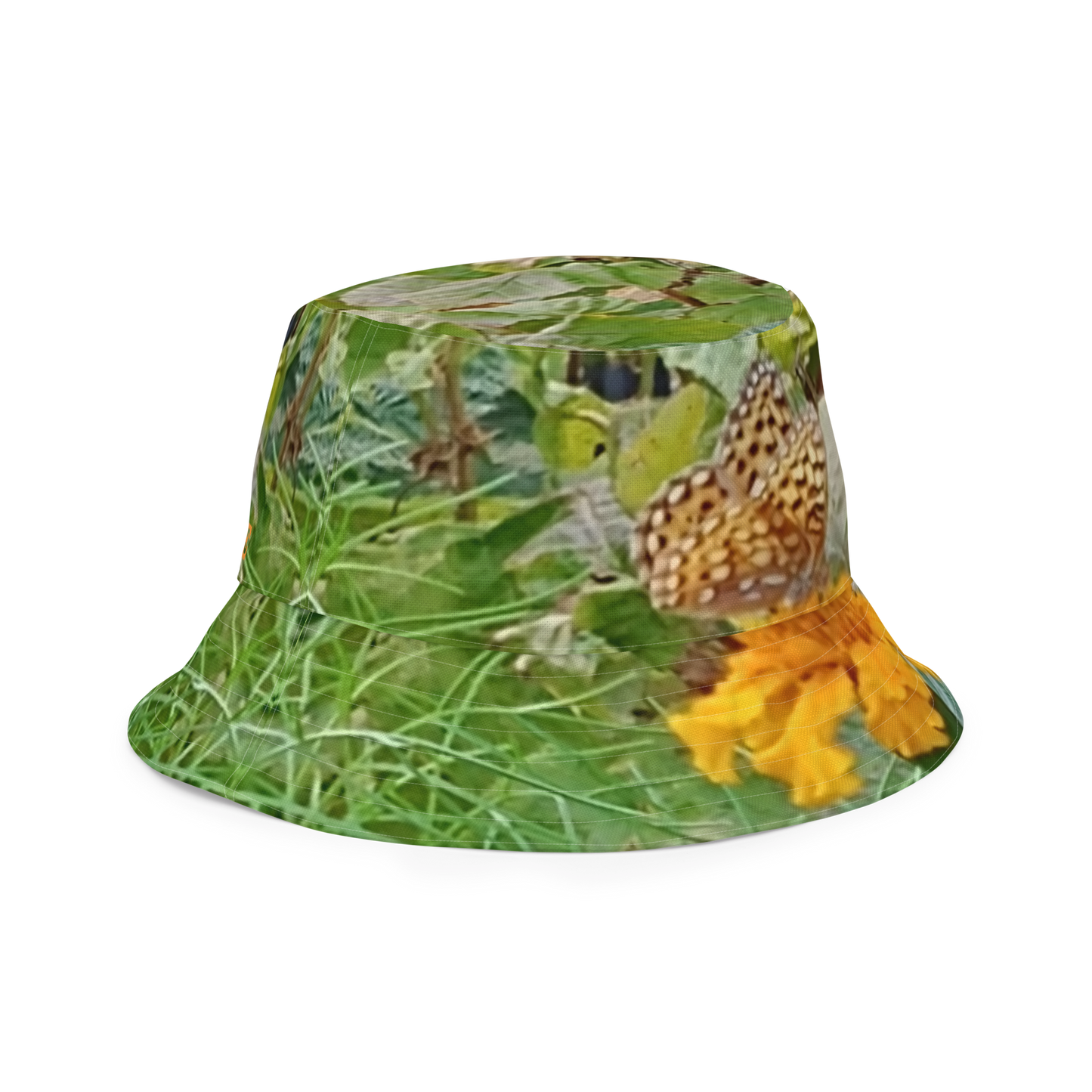 The FLOWER LOVE Collection - "Butterfly on a Bloom" Design Premium Reversible Bucket Hat - Orange Inside - Beach Hat, Gifts for Her