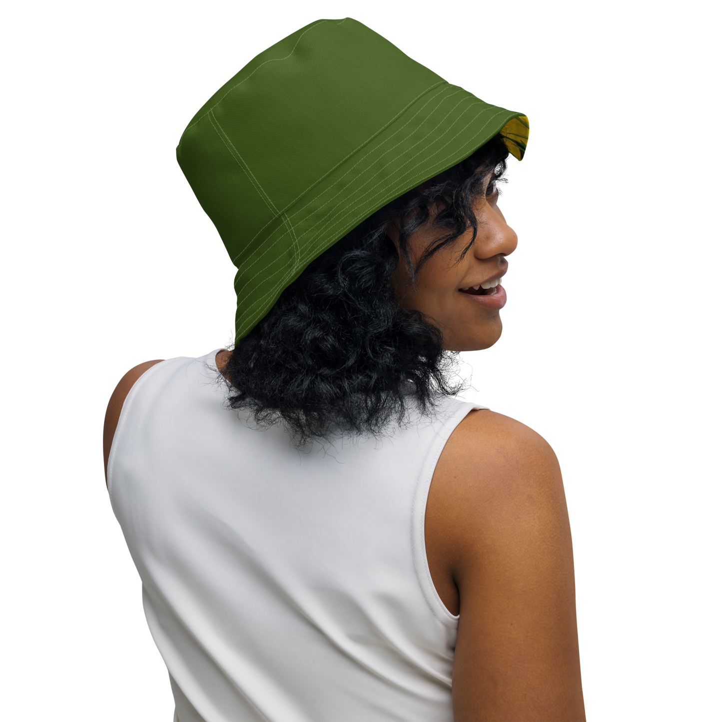 The FLOWER LOVE Collection - "Butterfly Beauty" Design Premium Reversible Bucket Hat - Dark Green Inside - Beach Hat, Gifts for Her