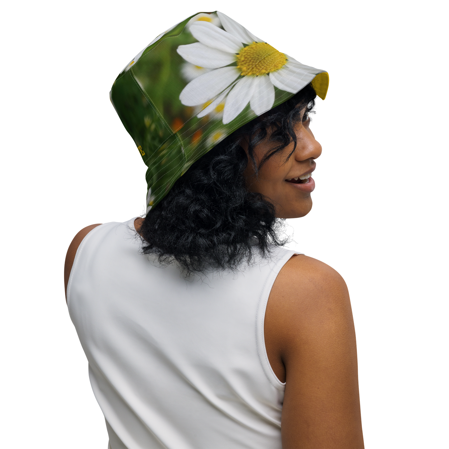 The FLOWER LOVE Collection - "Daisy Daydreams" Design Premium Reversible Bucket Hat - Yellow Inside - Beach Hat, Gifts for Her
