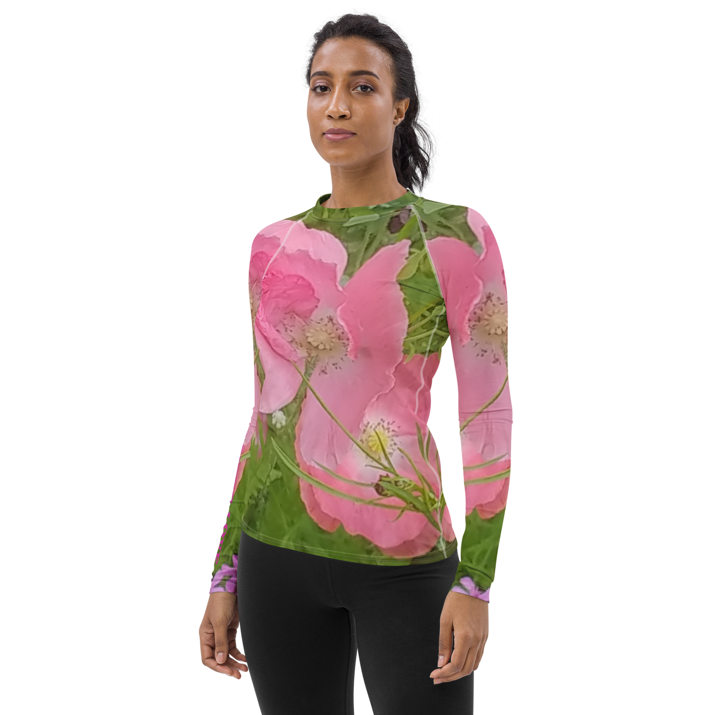The FLOWER LOVE Collection - "Pretty Pink Poppies" Design Luxurious Women's Rash Guard, Sun Protective Clothing, Sports & Fitness Clothing