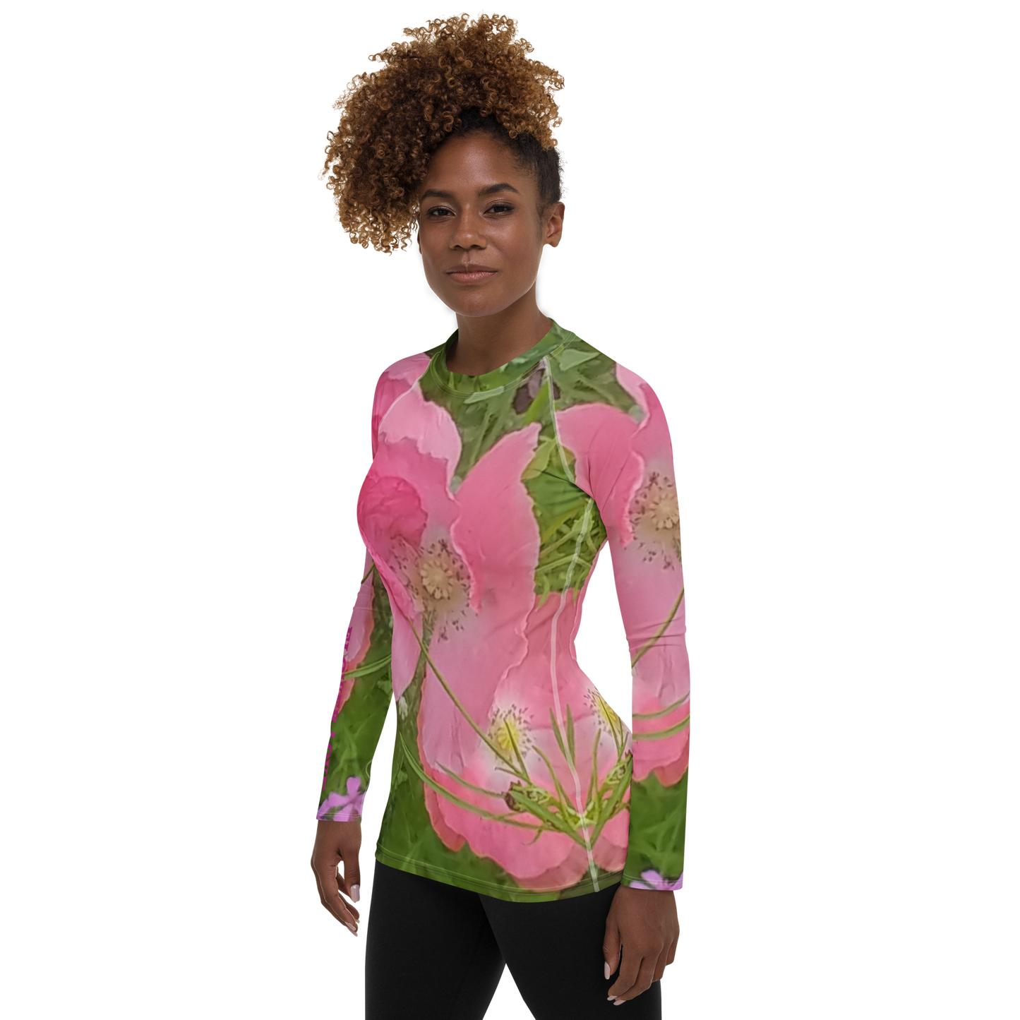 The FLOWER LOVE Collection - "Pretty Pink Poppies" Design Luxurious Women's Rash Guard, Sun Protective Clothing, Sports & Fitness Clothing