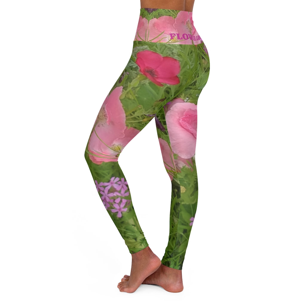 The FLOWER LOVE Collection - "Pretty Pink Poppies" Design High-Waisted Yoga Leggings, Fitness Leggings, Nature-Inspired Leggings