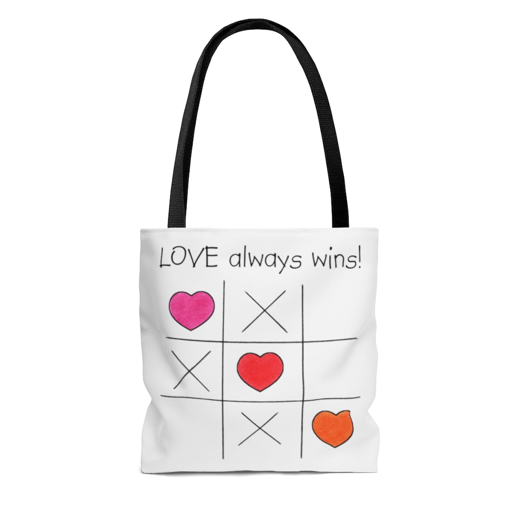 LOVE Always Wins! Tic Tac Toe Tote Bag - Available in 3 Sizes, Inspirational Tote Bags, Gifs for Kids Teens Adults, Chemo Bags