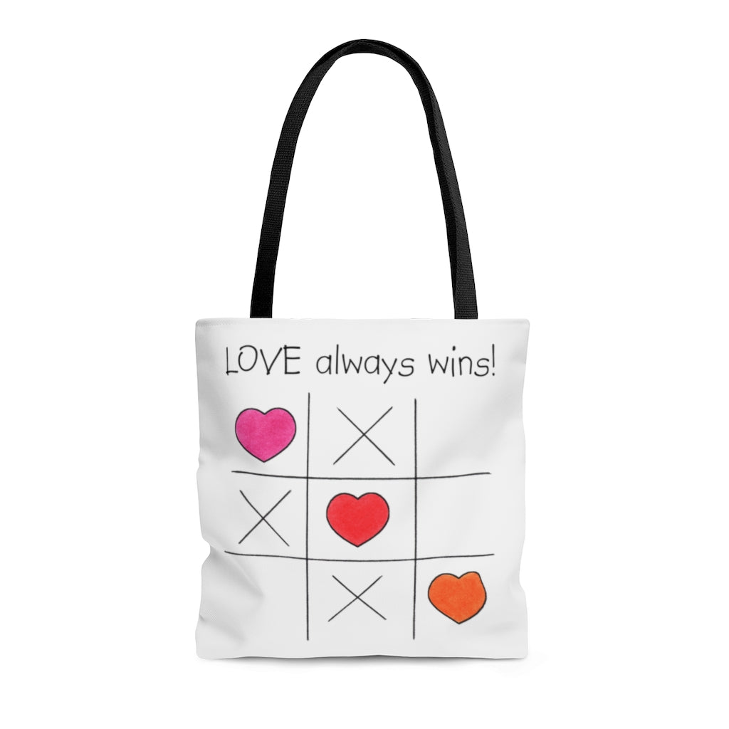 LOVE Always Wins! Tic Tac Toe Tote Bag - Available in 3 Sizes, Inspirational Tote Bags, Gifs for Kids Teens Adults, Chemo Bags