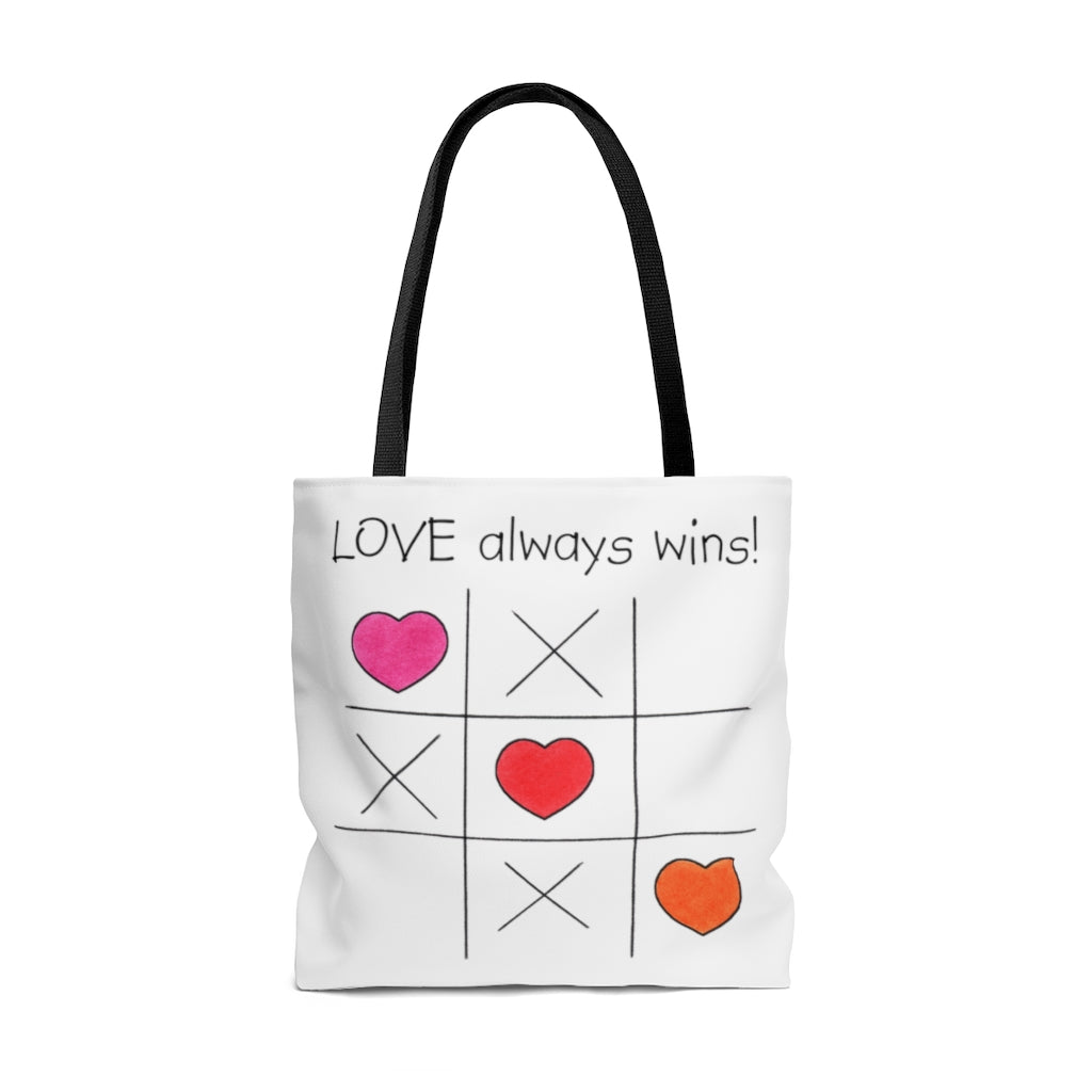 LOVE Always Wins! Tic Tac Toe Tote Bag - Available in 3 Sizes, Inspirational Tote Bags, Gifs for Kids Teens Adults, Chemo Bags