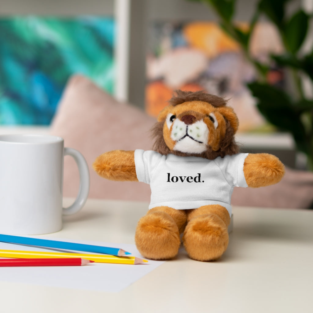 word love. - stuffed plushie animal with "loved." design tee (6 different animals to choose from)