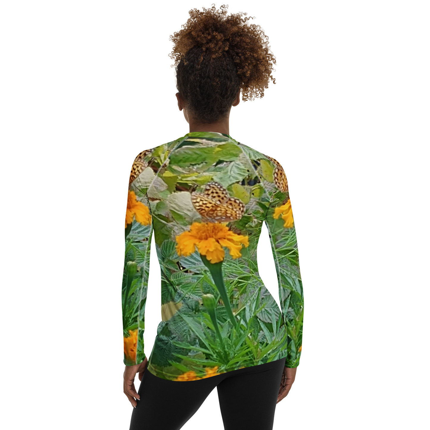 The FLOWER LOVE Collection - "Butterfly on a Bloom" Design Luxurious Women's Rash Guard, Sun Protective Clothing, Sports & Fitness Clothing