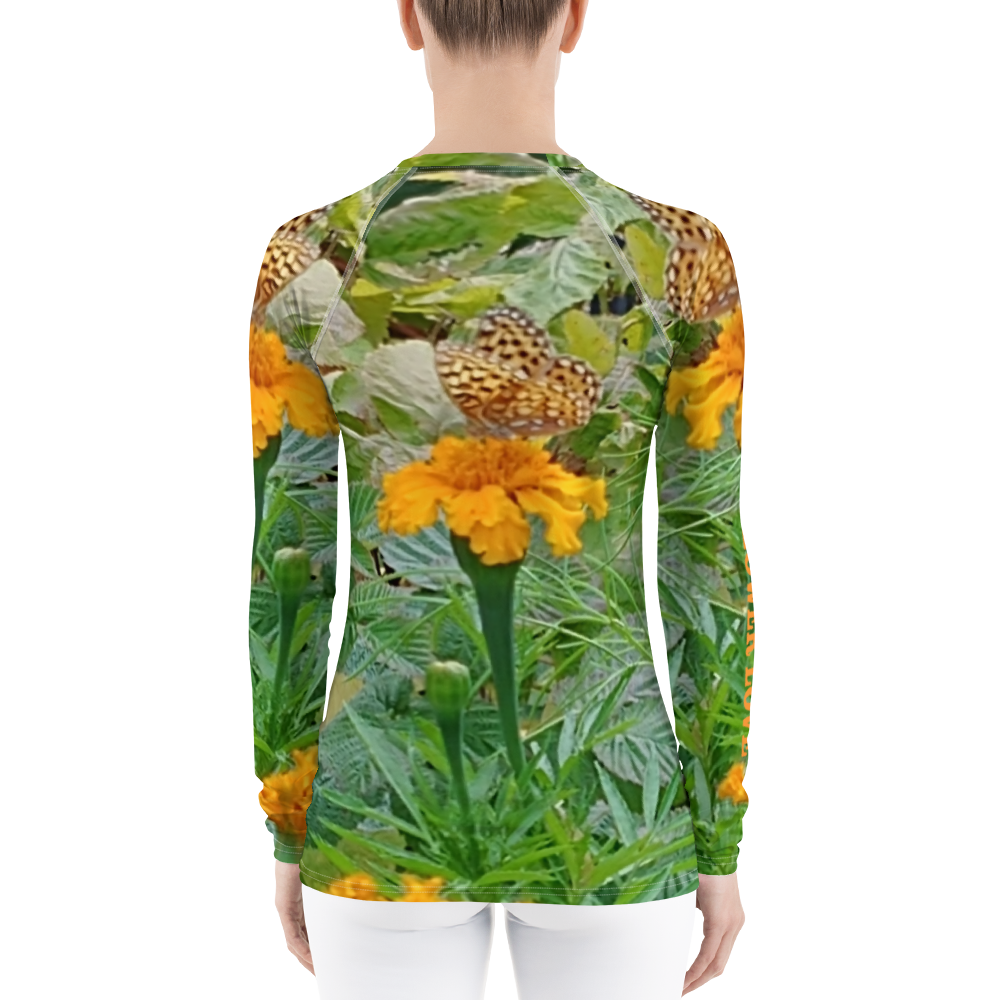 The FLOWER LOVE Collection - "Butterfly on a Bloom" Design Luxurious Women's Rash Guard, Sun Protective Clothing, Sports & Fitness Clothing