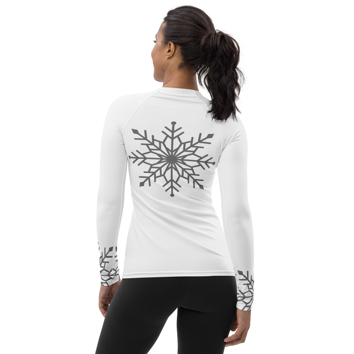 Winter Snowflake Top, Graphite Gray Snowflake on White Women's Rash Guard, Holiday Top