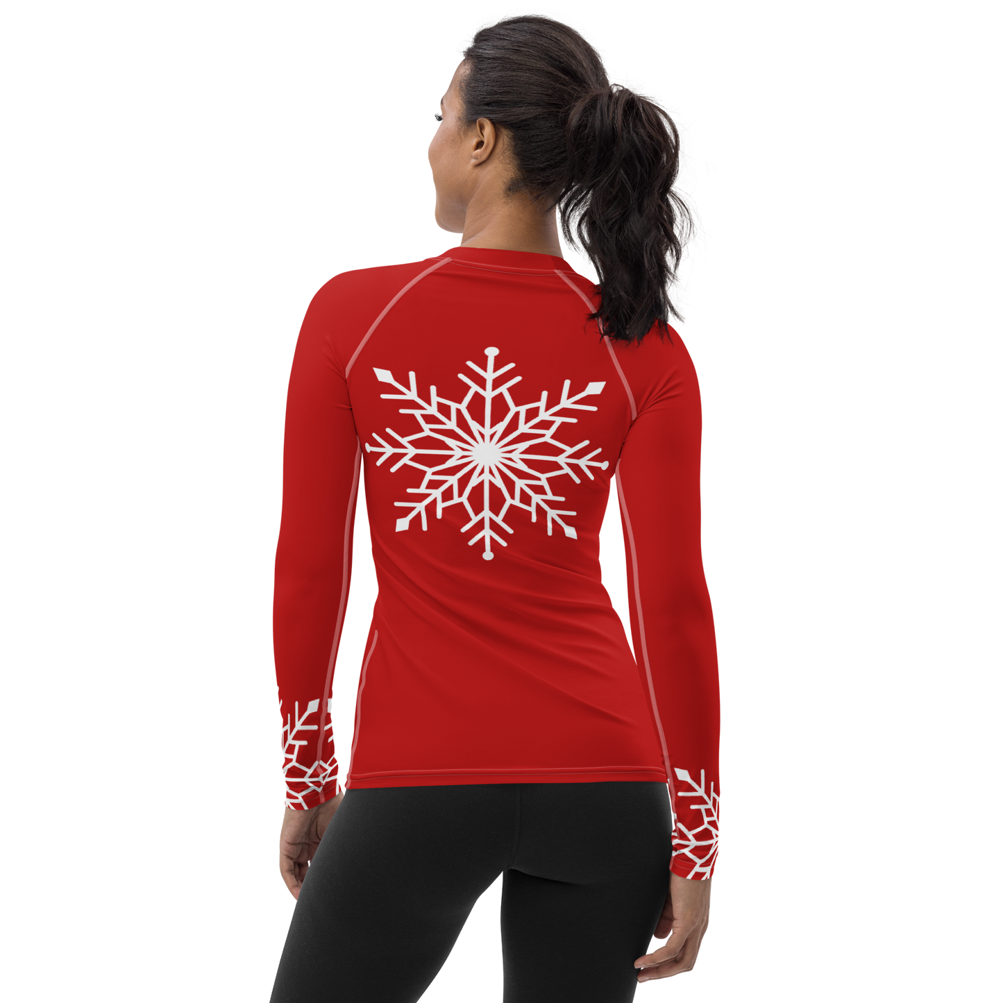 Winter Snowflake Top, White Snowflake on Dark Red Women's Rash Guard, Holiday Top