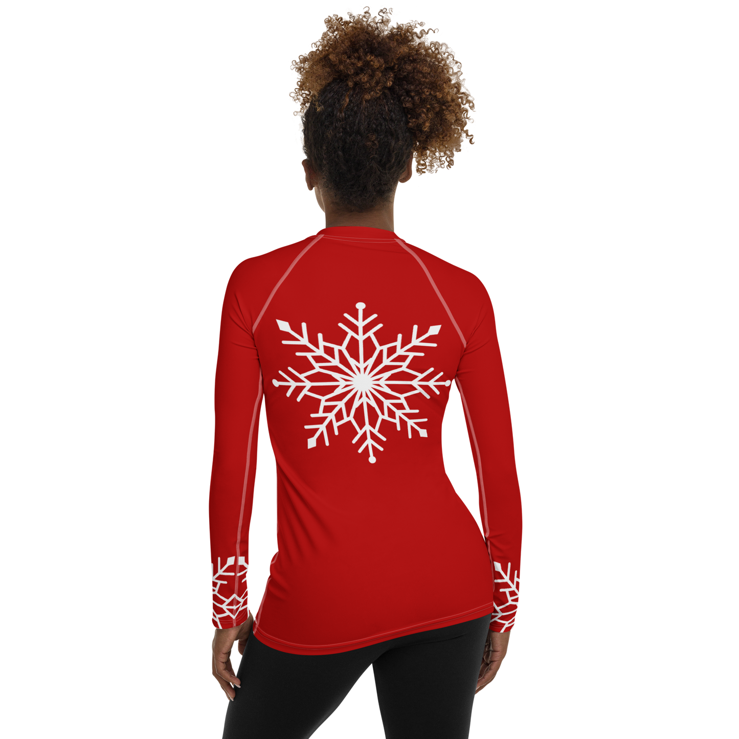 Winter Snowflake Top, White Snowflake on Dark Red Women's Rash Guard, Holiday Top