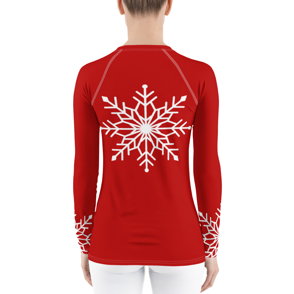 Winter Snowflake Top, White Snowflake on Dark Red Women's Rash Guard, Holiday Top
