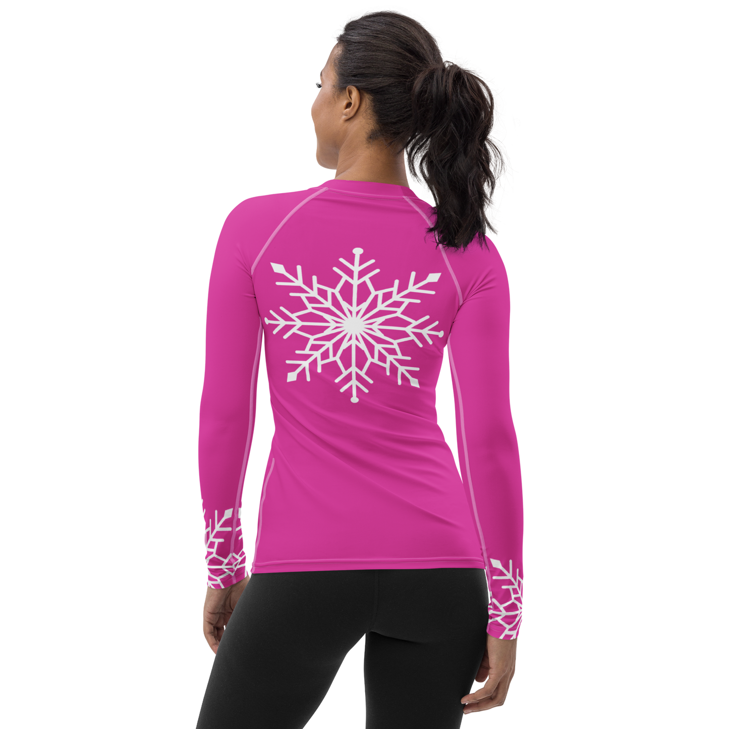 Winter Snowflake Top, White Snowflake on Hot Pink Women's Rash Guard, Holiday Top