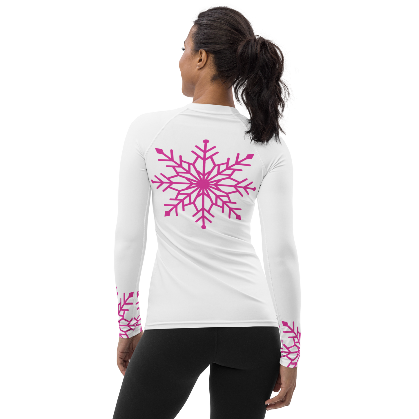 Winter Snowflake Top, Hot Pink Snowflake on White Women's Rash Guard, Holiday Top