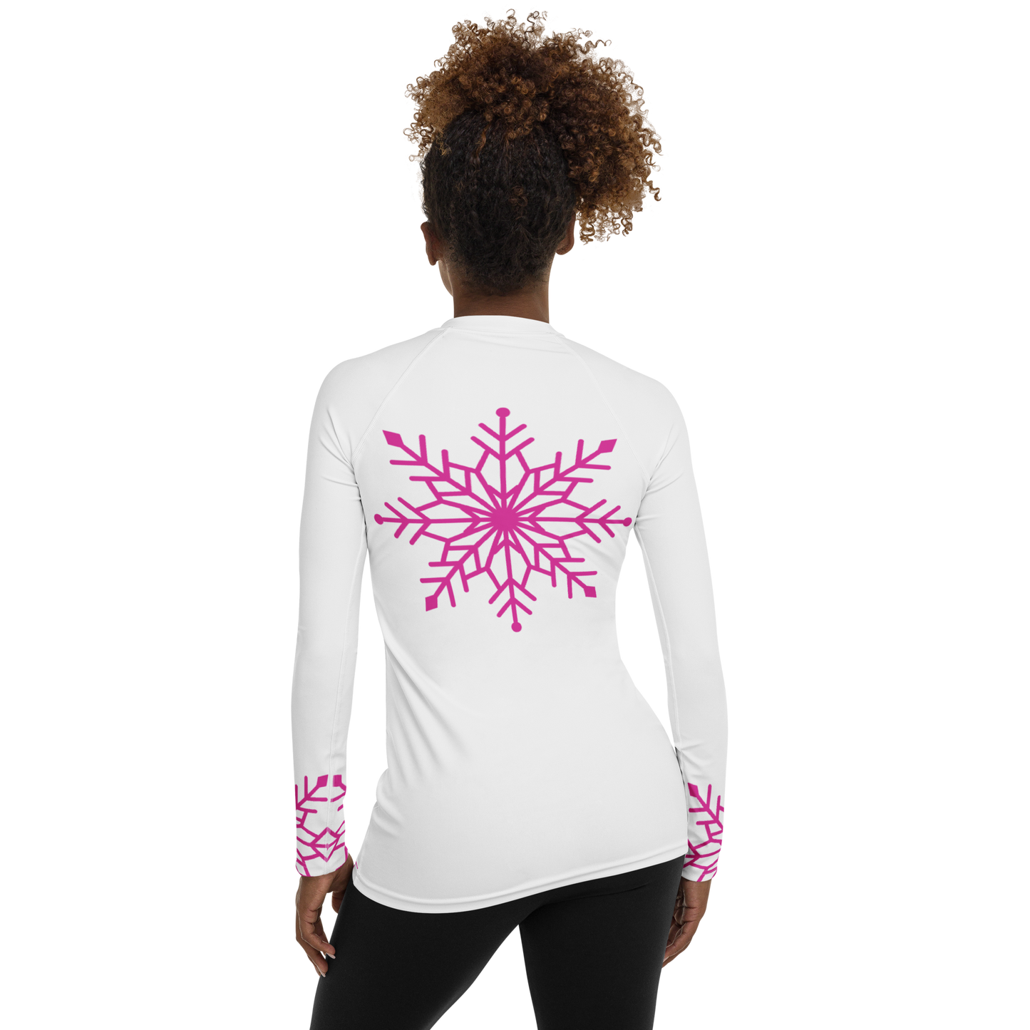 Winter Snowflake Top, Hot Pink Snowflake on White Women's Rash Guard, Holiday Top