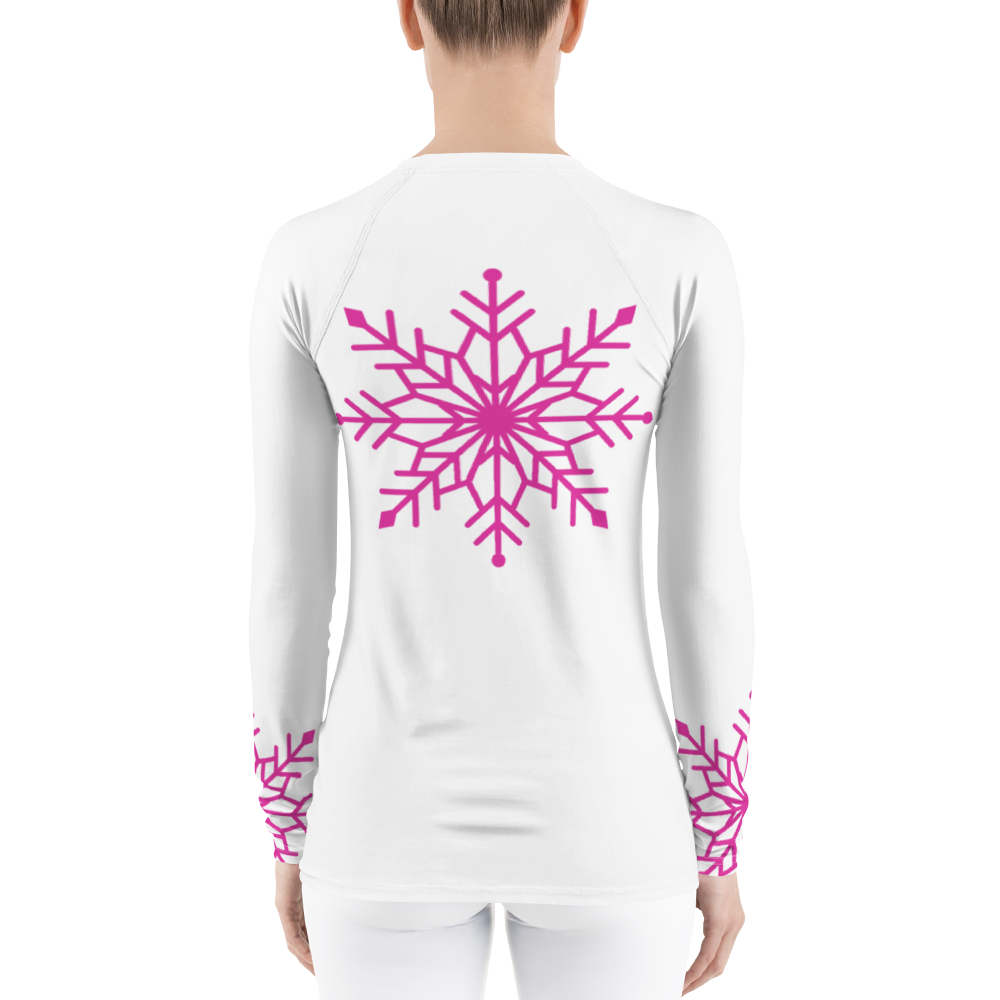 Winter Snowflake Top, Hot Pink Snowflake on White Women's Rash Guard, Holiday Top