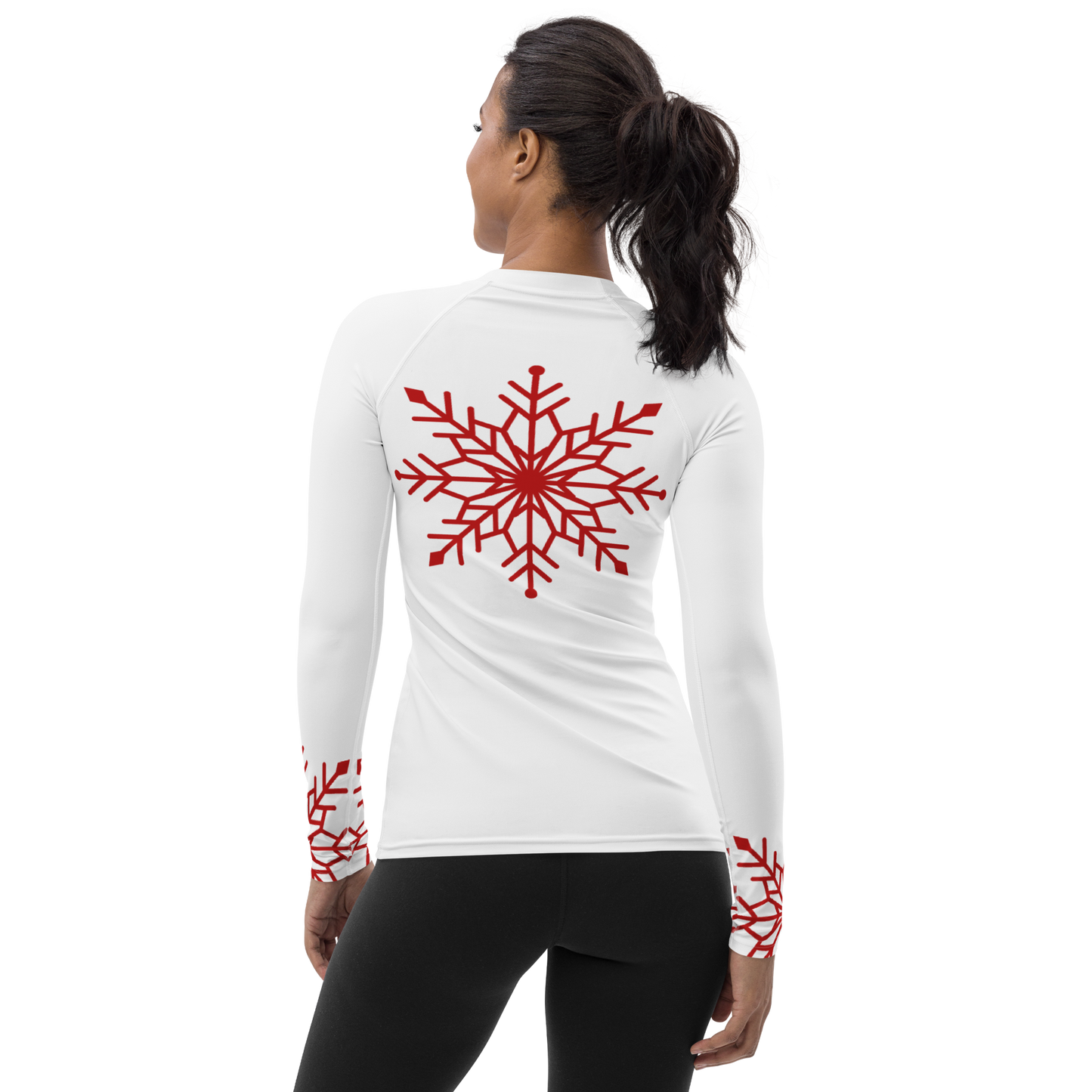 Winter Snowflake Top, Dark Red Snowflake on White Women's Rash Guard, Holiday Top
