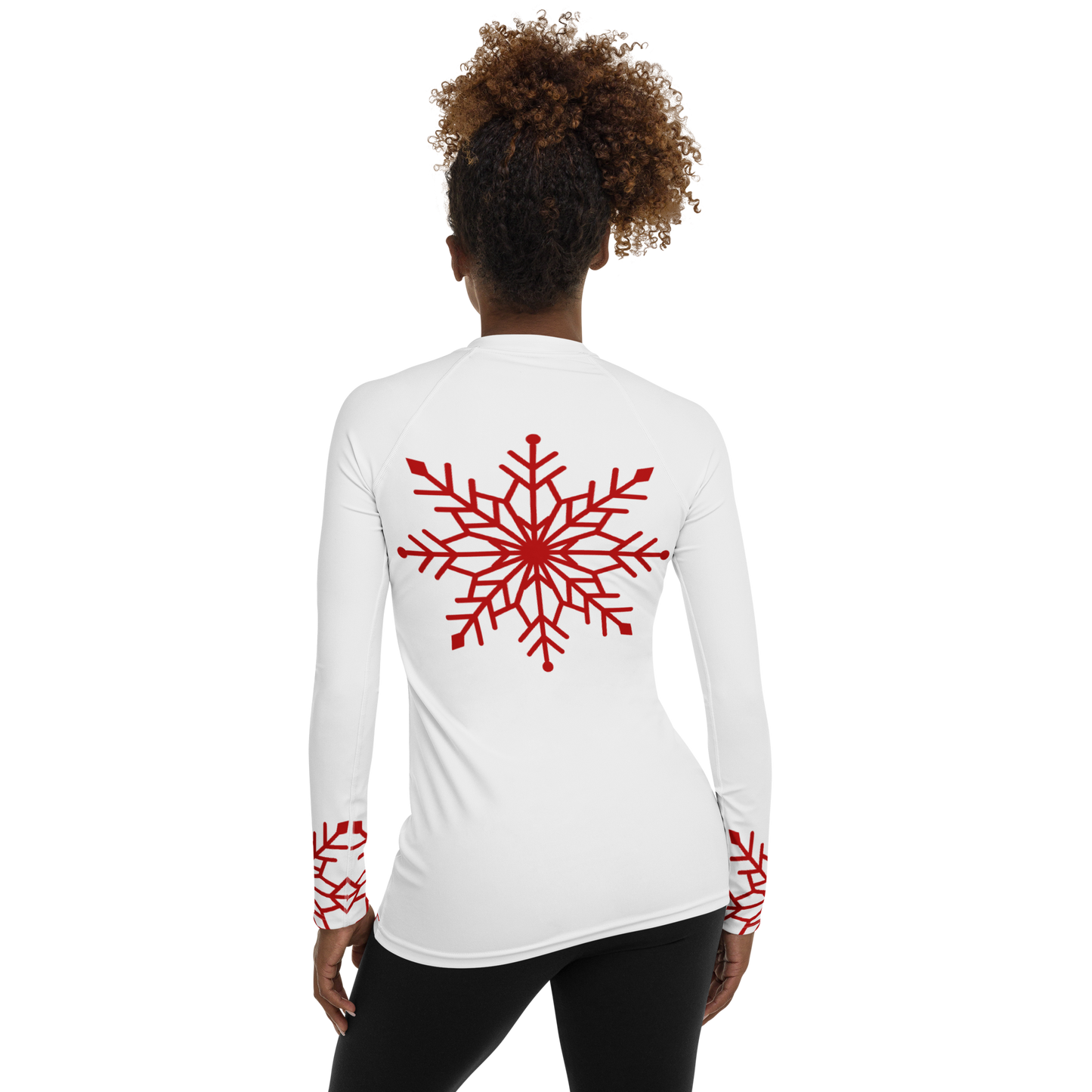 Winter Snowflake Top, Dark Red Snowflake on White Women's Rash Guard, Holiday Top