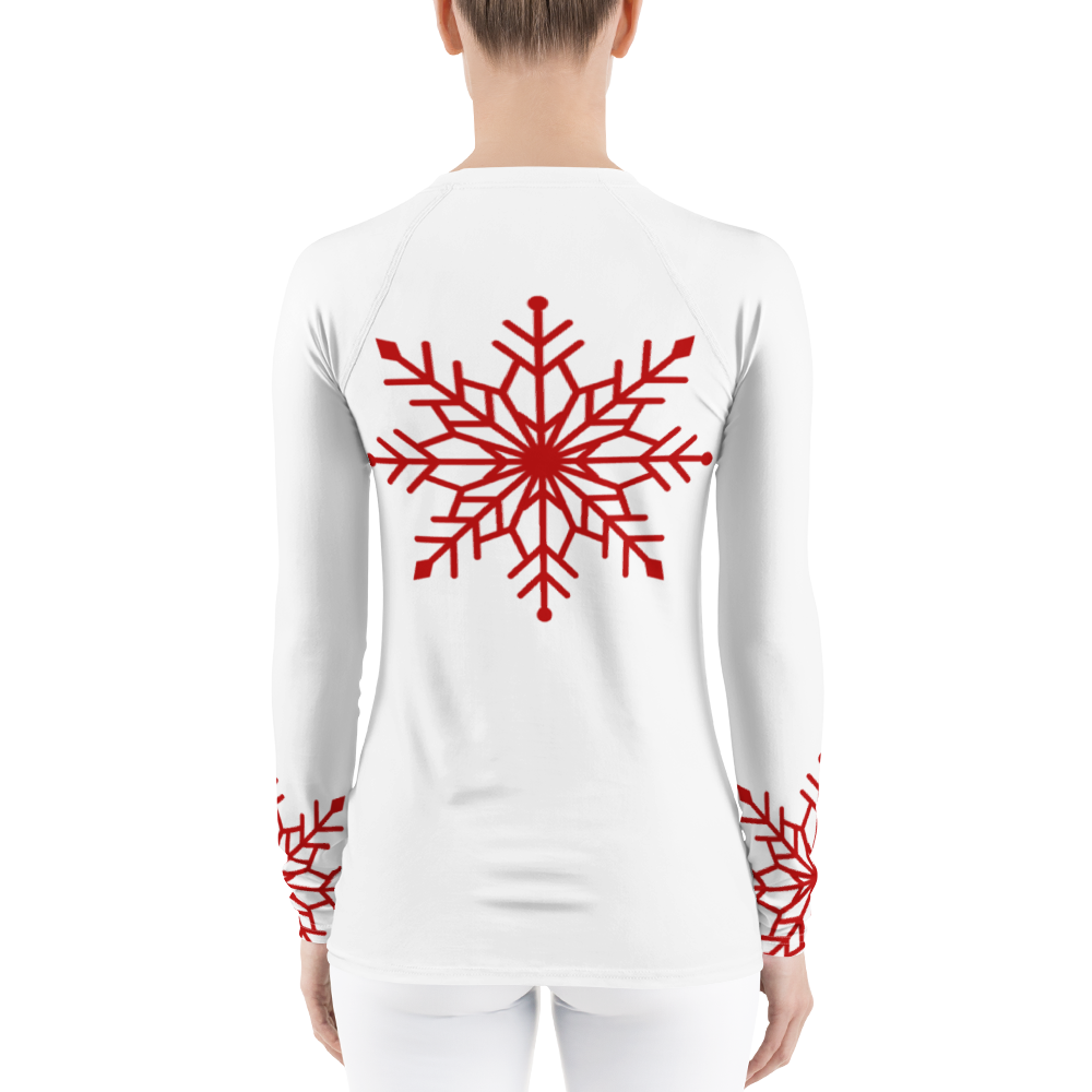 Winter Snowflake Top, Dark Red Snowflake on White Women's Rash Guard, Holiday Top