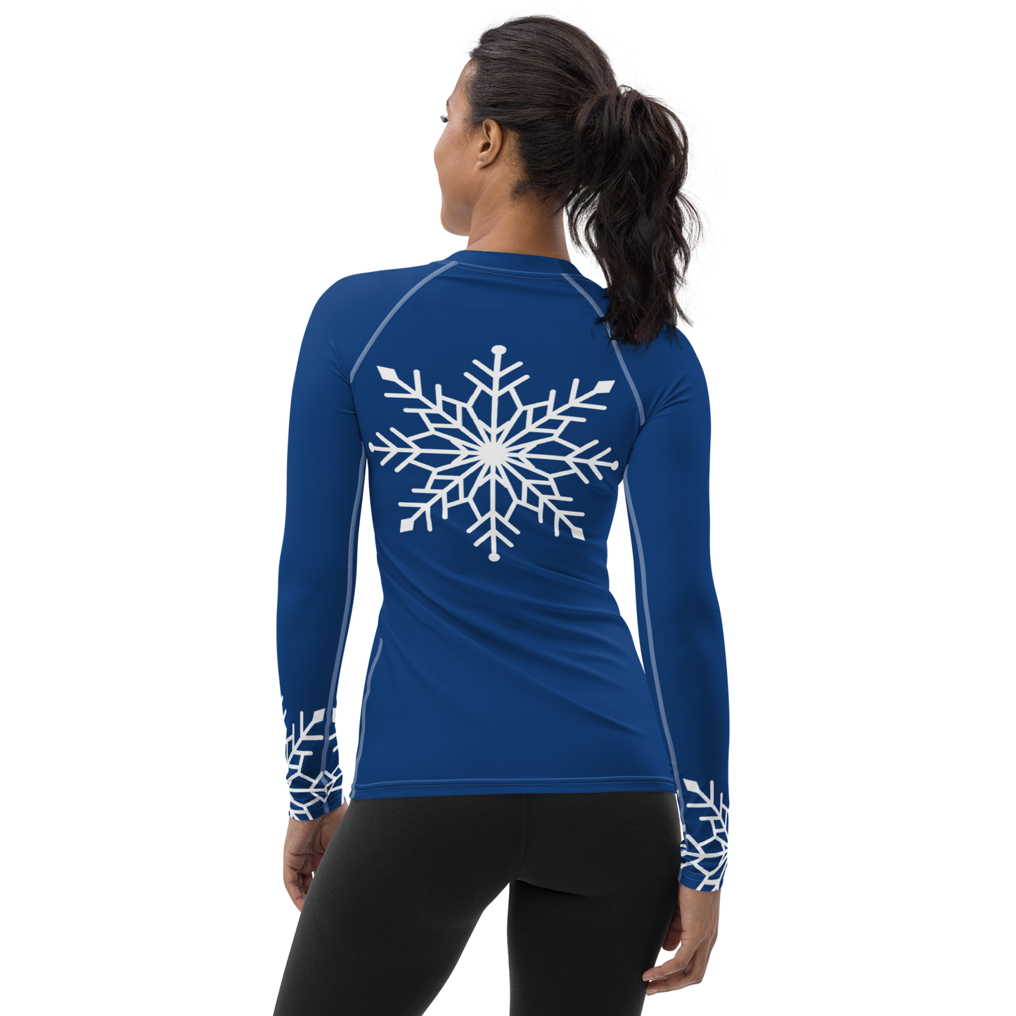 Winter Snowflake Top, White Snowflake on Royal Blue Women's Rash Guard, Holiday Top