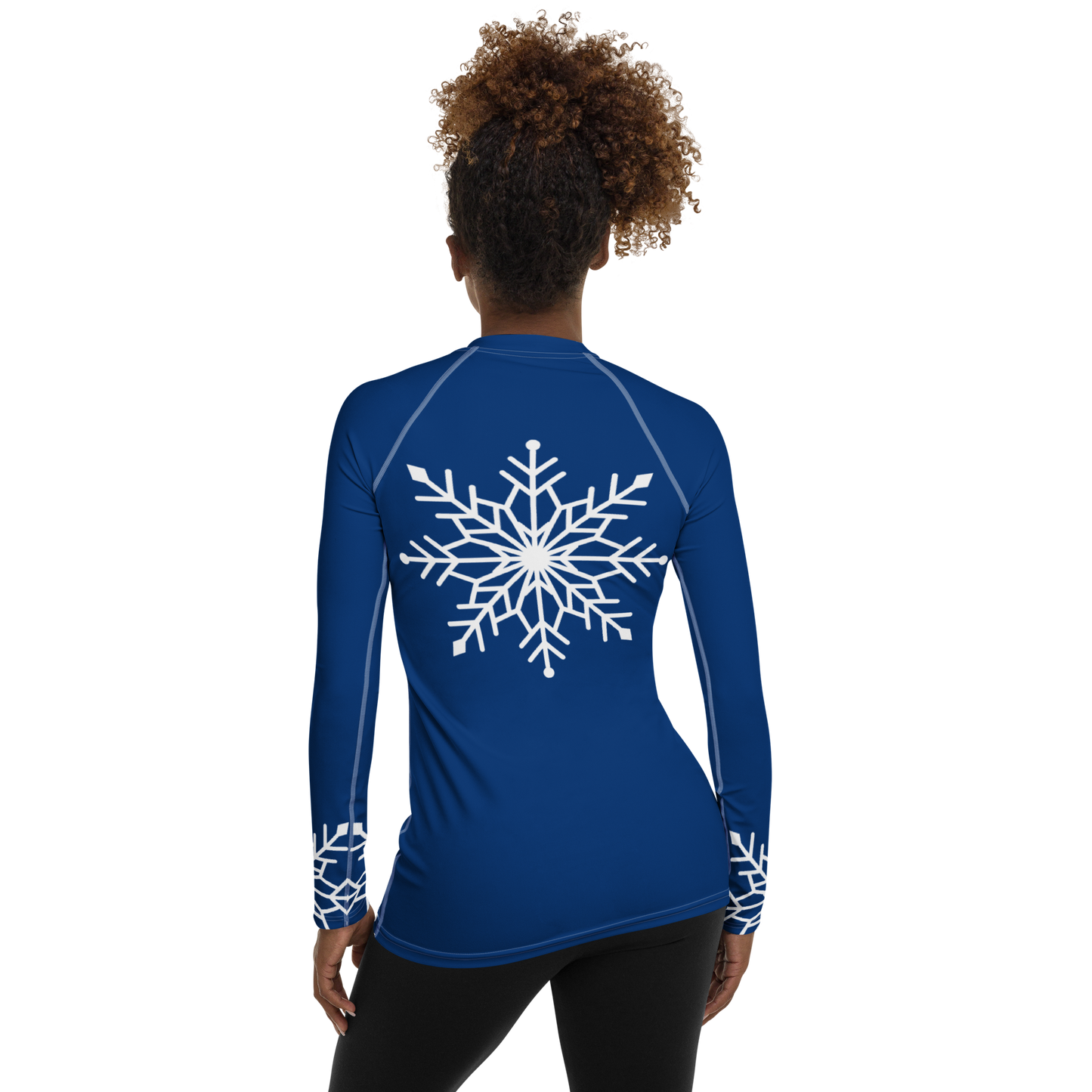 Winter Snowflake Top, White Snowflake on Royal Blue Women's Rash Guard, Holiday Top