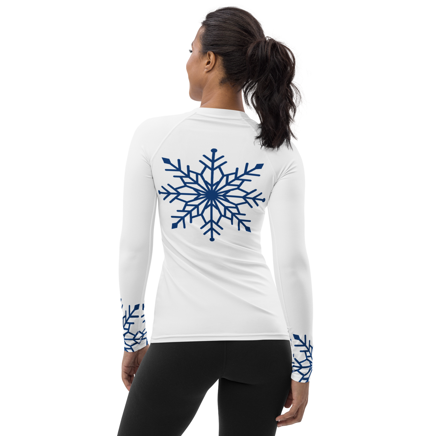 Winter Snowflake Top, Royal Blue Snowflake on White Women's Rash Guard, Holiday Top
