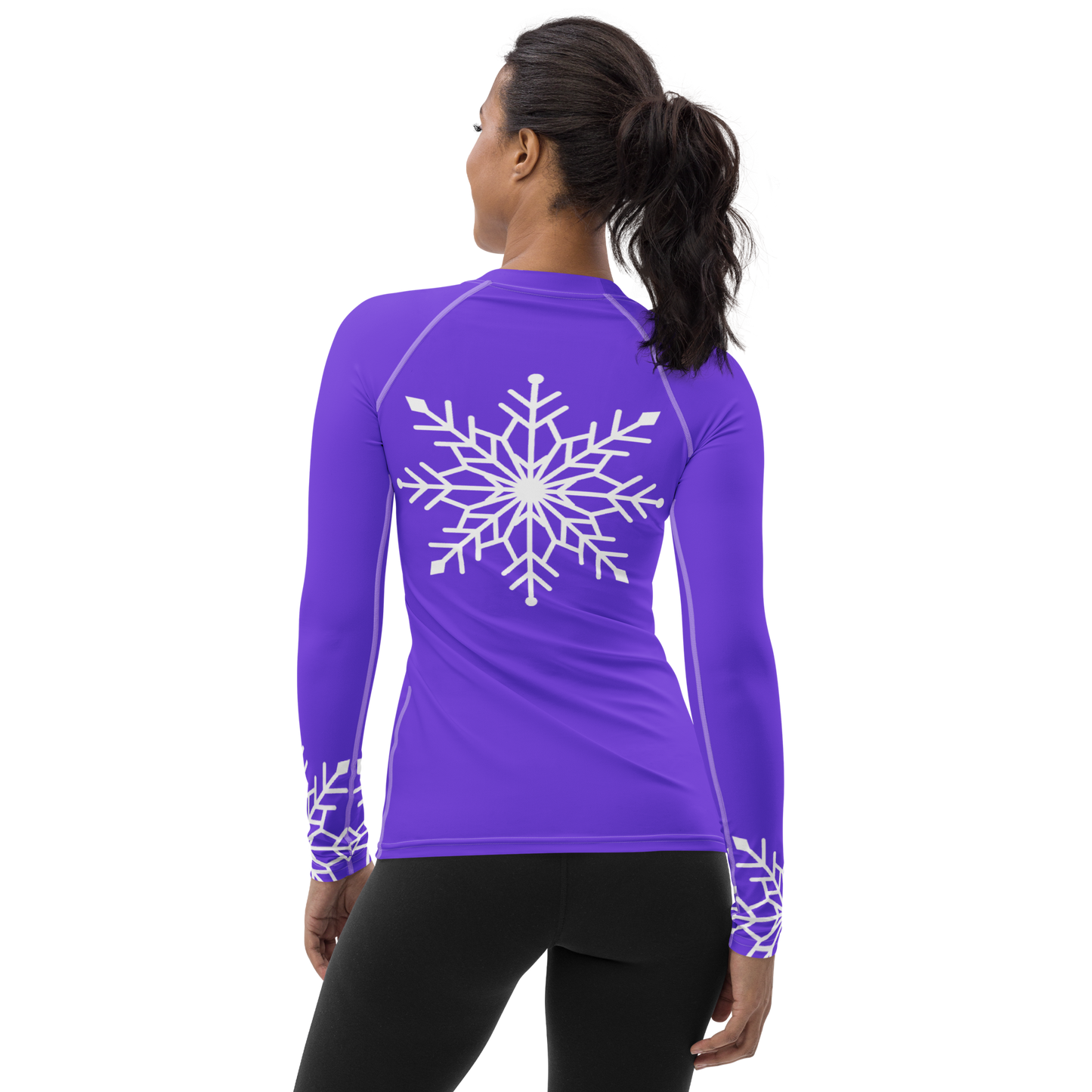 Winter Snowflake Top, White Snowflake on Pure Purple Women's Rash Guard, Holiday Top