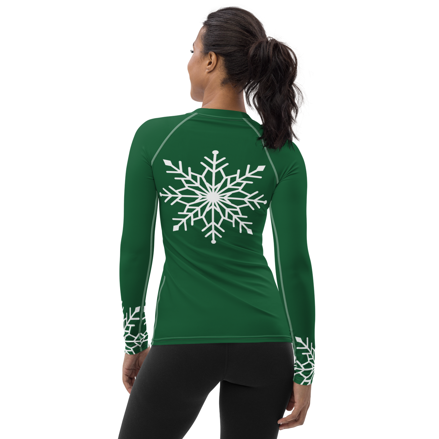Winter Snowflake Top, White Snowflake on Forest Green Women's Rash Guard, Holiday Top