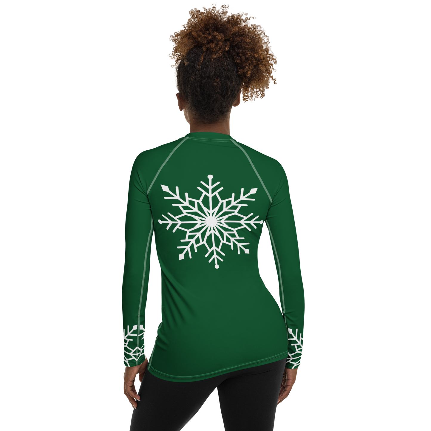 Winter Snowflake Top, White Snowflake on Forest Green Women's Rash Guard, Holiday Top