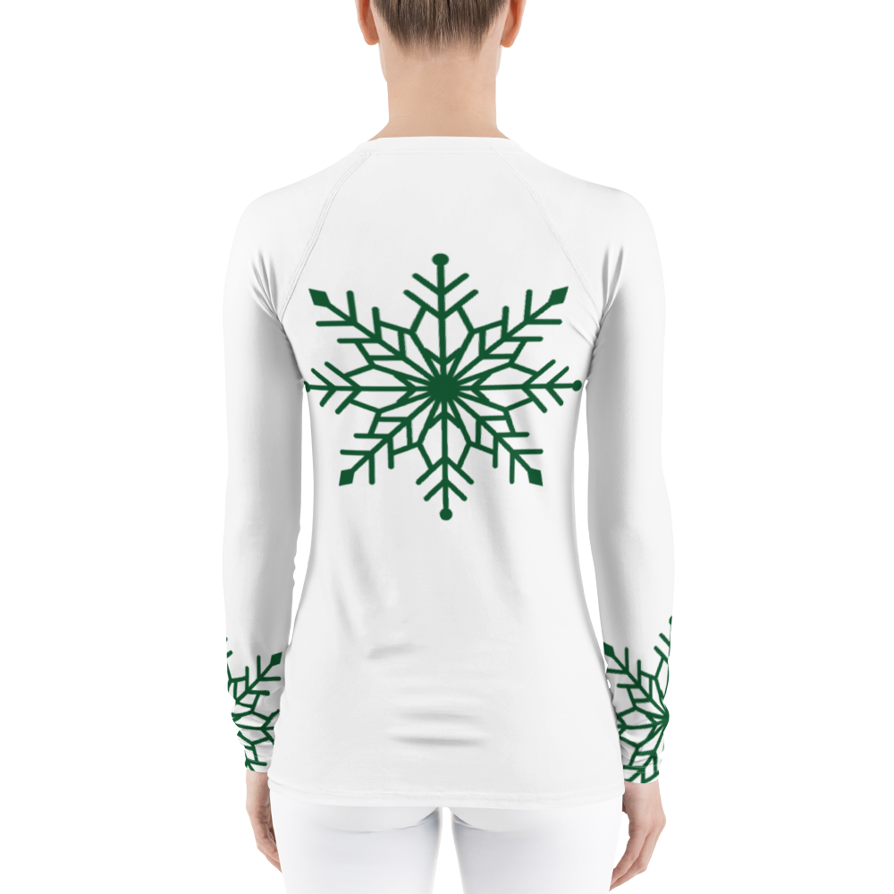 Winter Snowflake Top, Forest Green Snowflake on White Women's Rash Guard, Holiday Top