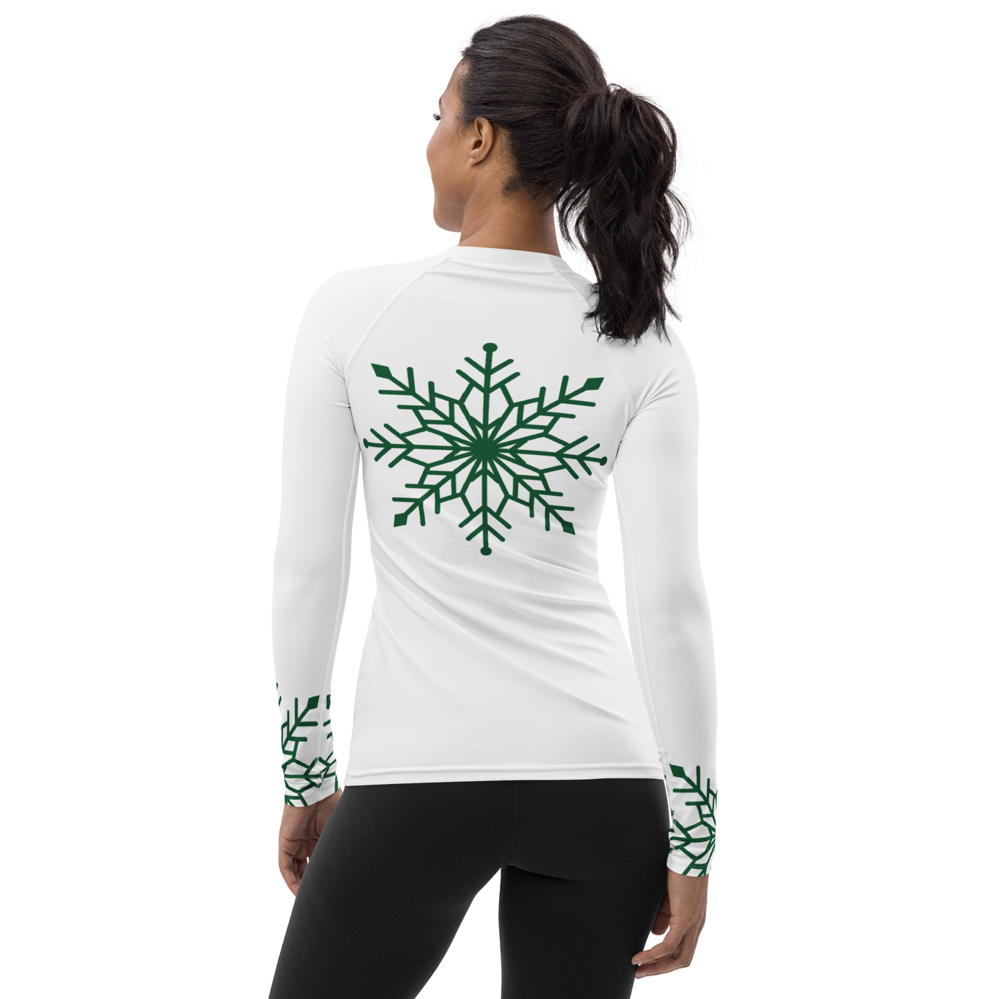Winter Snowflake Top, Forest Green Snowflake on White Women's Rash Guard, Holiday Top