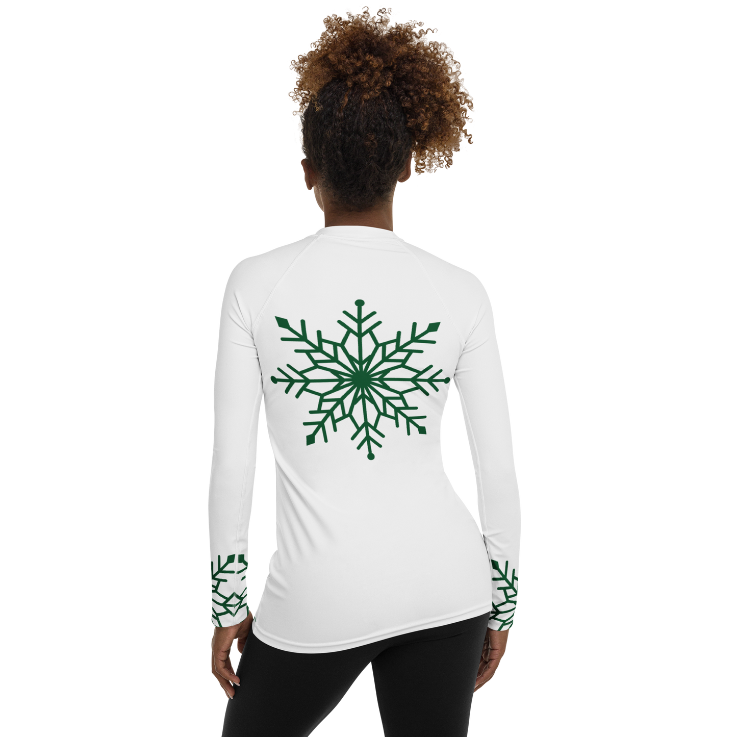 Winter Snowflake Top, Forest Green Snowflake on White Women's Rash Guard, Holiday Top