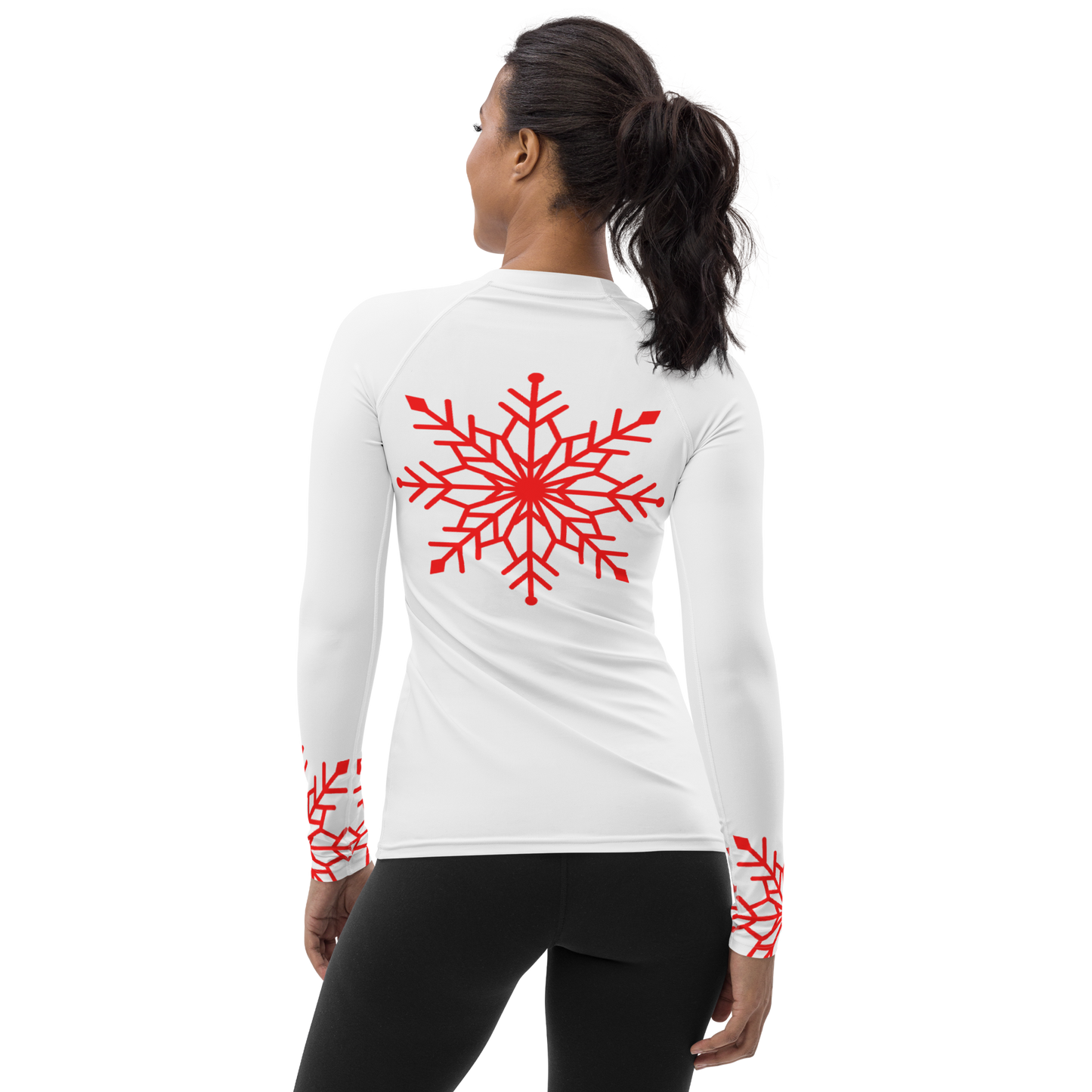 Winter Snowflake Top, Bright Red Snowflake on White Women's Rash Guard, Holiday Top