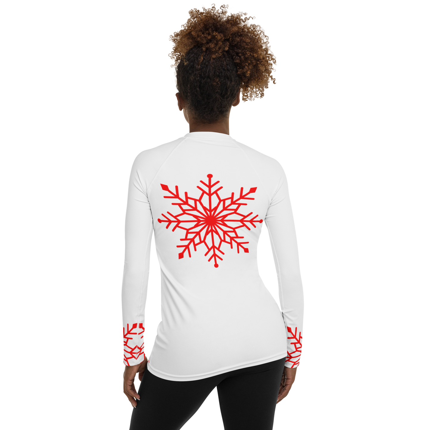 Winter Snowflake Top, Bright Red Snowflake on White Women's Rash Guard, Holiday Top
