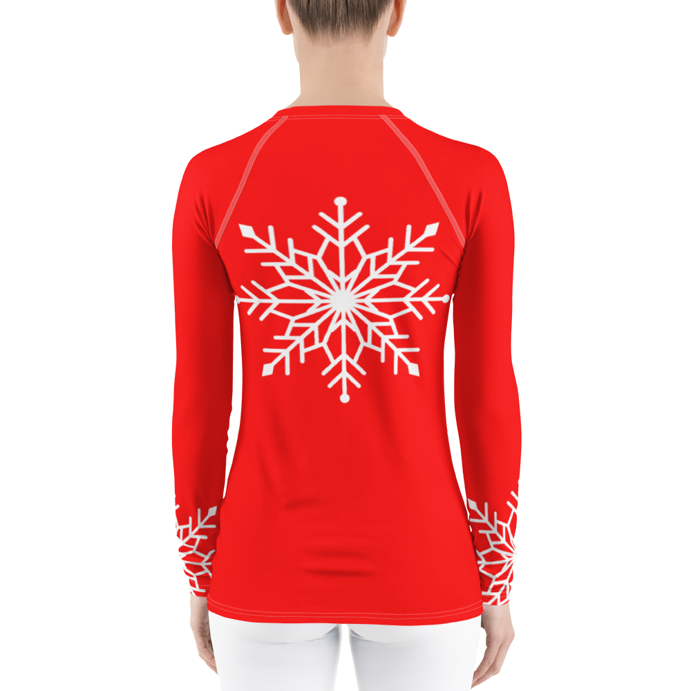 Winter Snowflake Top, White Snowflake on Bright Red Women's Rash Guard, Holiday Top