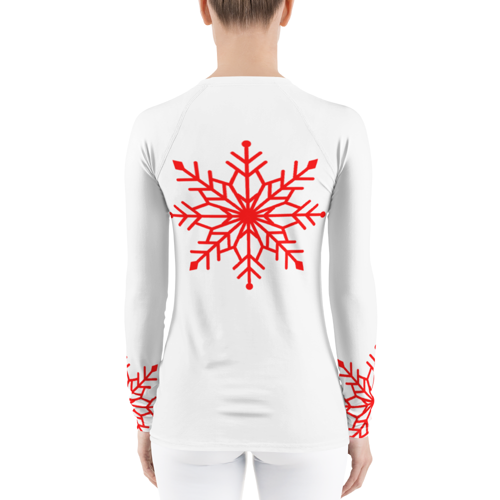 Winter Snowflake Top, Bright Red Snowflake on White Women's Rash Guard, Holiday Top