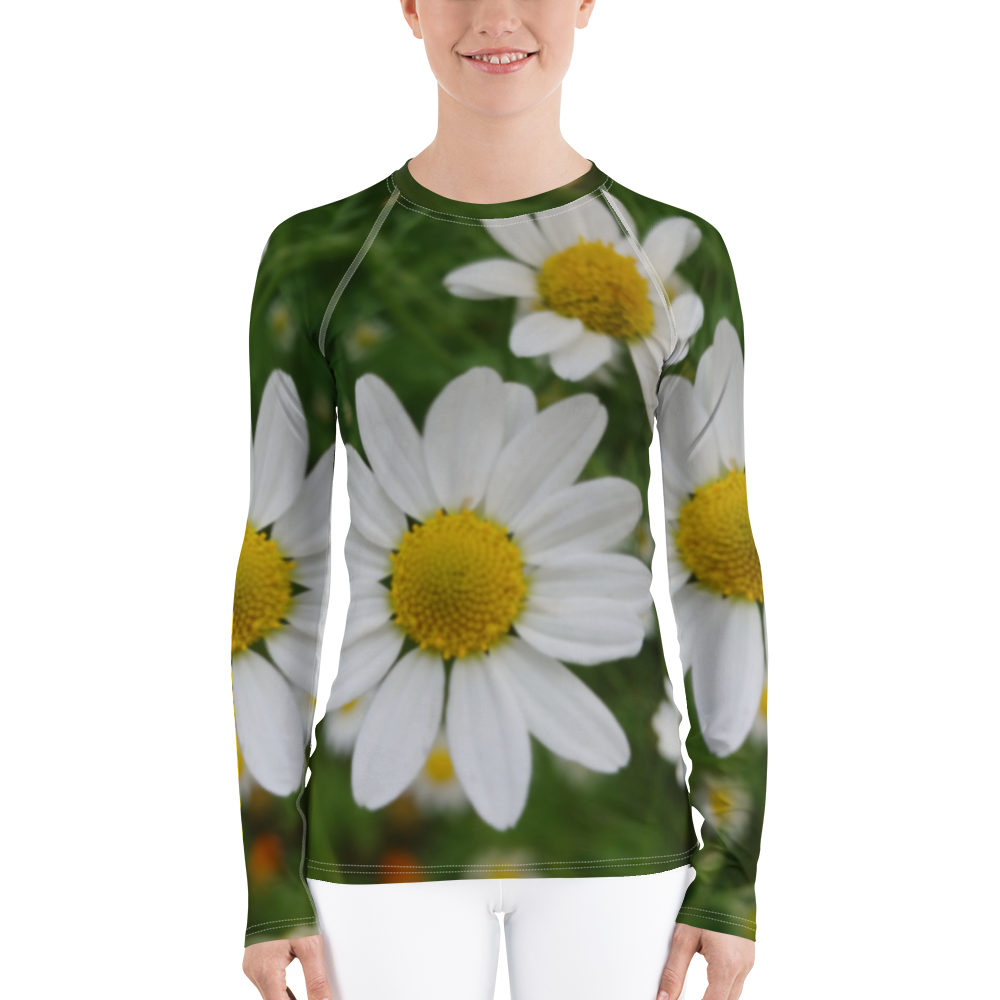 The FLOWER LOVE Collection - "Daisy Daydreams" Design Luxurious Women's Rash Guard, Sun Protective Clothing, Sports & Fitness Clothing