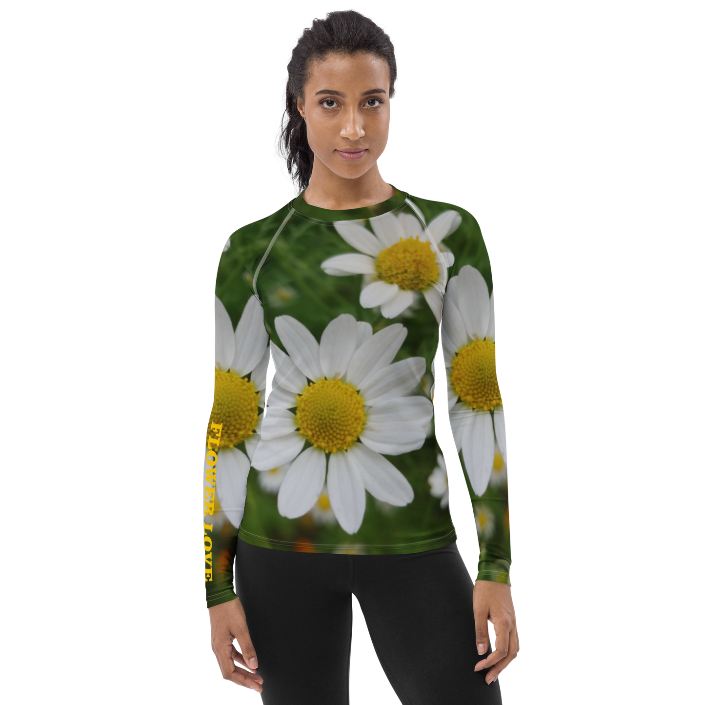 The FLOWER LOVE Collection - "Daisy Daydreams" Design Luxurious Women's Rash Guard, Sun Protective Clothing, Sports & Fitness Clothing