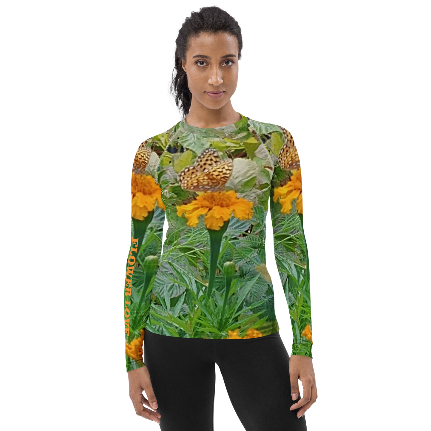 The FLOWER LOVE Collection - "Butterfly on a Bloom" Design Luxurious Women's Rash Guard, Sun Protective Clothing, Sports & Fitness Clothing